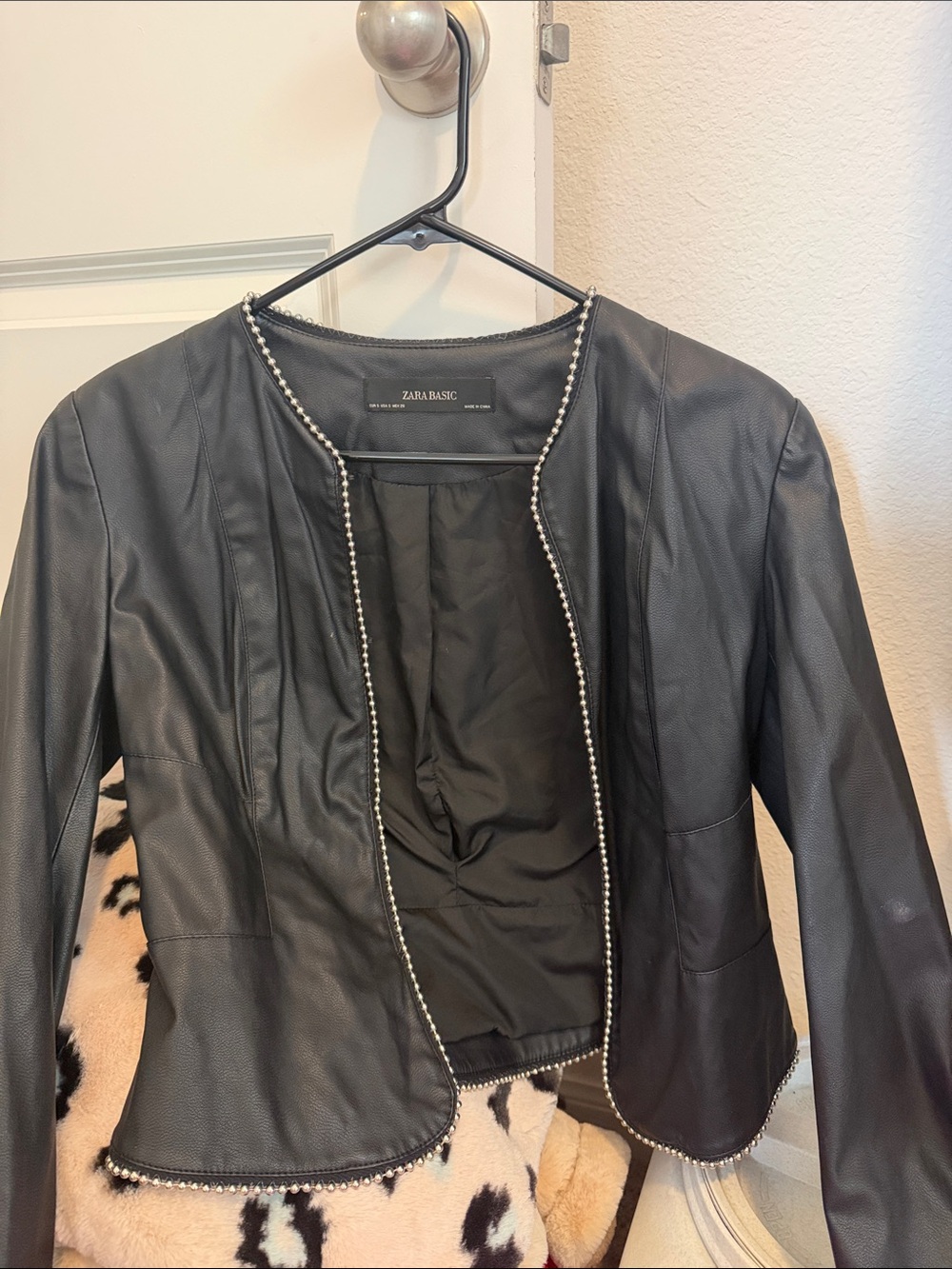 Zara Black Faux Leather Jacket with Pearl Trim